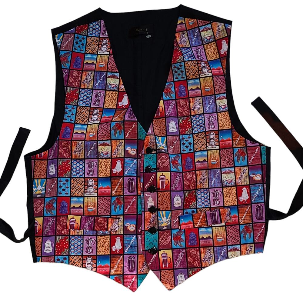 Vintage Y2K bright colors coffee themed 6 button vest size Large